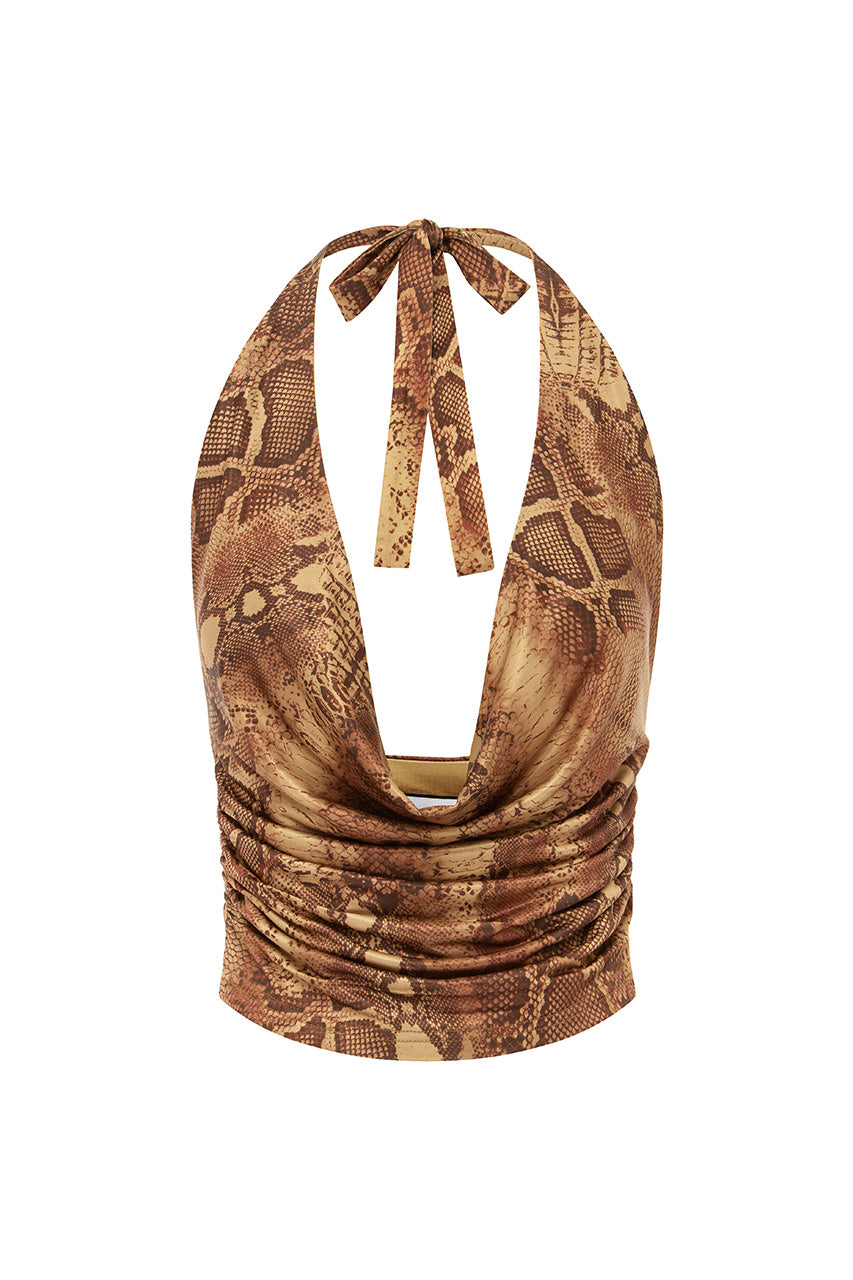 LOTUS COWL HALTER TOP - TAN VIPER - LOTUSCOWLHALTERTOPTANVIPER