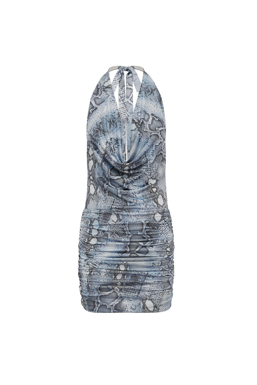 LOTUS HALTER COWL MINI DRESS - STEEL VIPER - LOTUSHALTERCOWLMINIDRESSSTEELVIPER