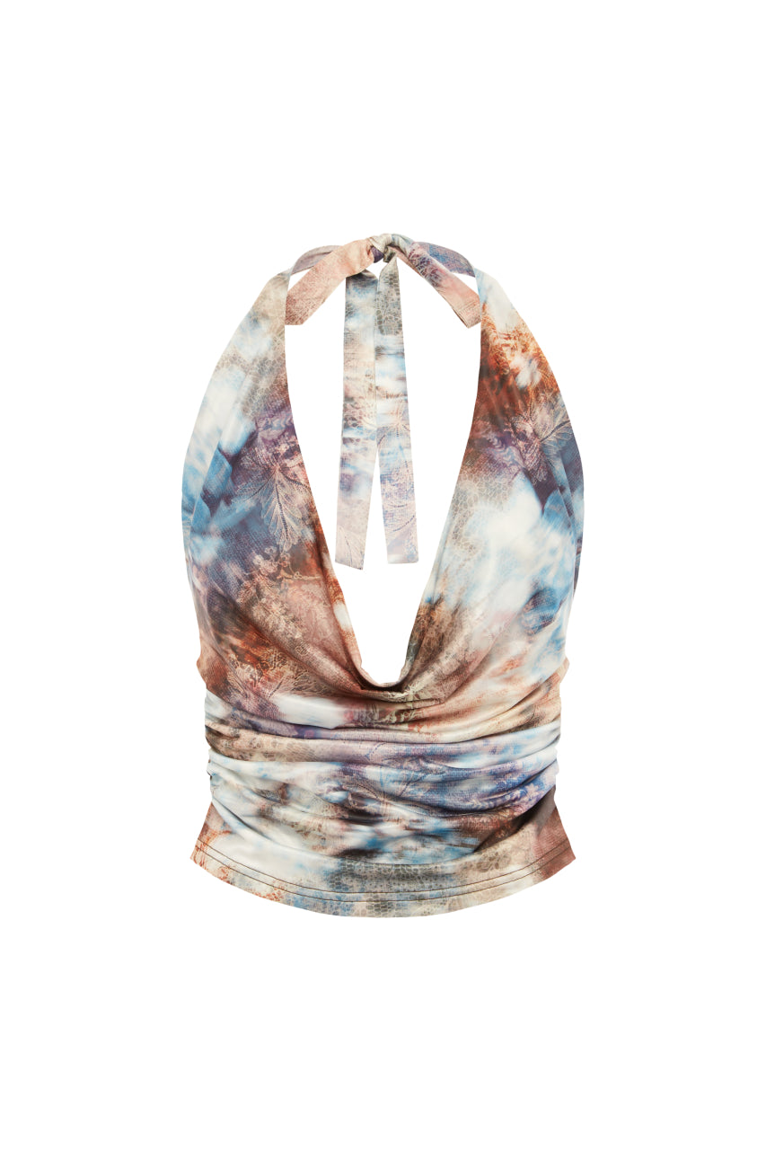 LOTUS COWL HALTER TOP - ZARLA CHOC - LOTUSPLUNGECOWLTOP-ZARLACHOC1