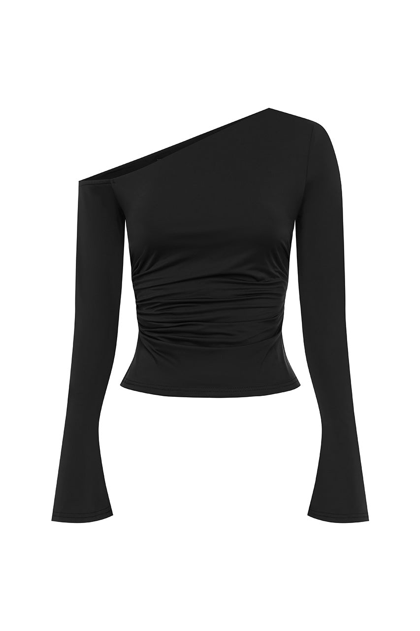 RENZO ONE SHOULDER LONG SLEEVE TOP - BLACK - RENZOONESHOULDERLONGSLEEVETOPBLACK