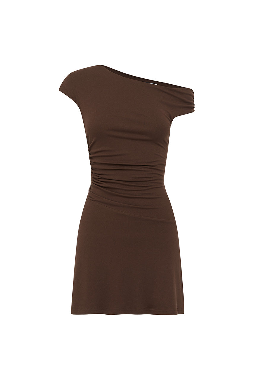 TALLI ASYMMETRICAL NECK MINI DRESS - ESPRESSO - TALLIASYMMETRICALNECKMINIDRESS